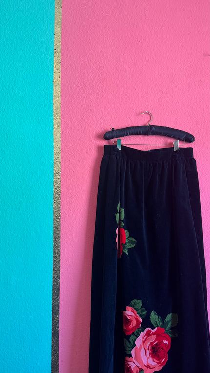 Vintage 1980s Black Velvet Floral Maxi Skirt