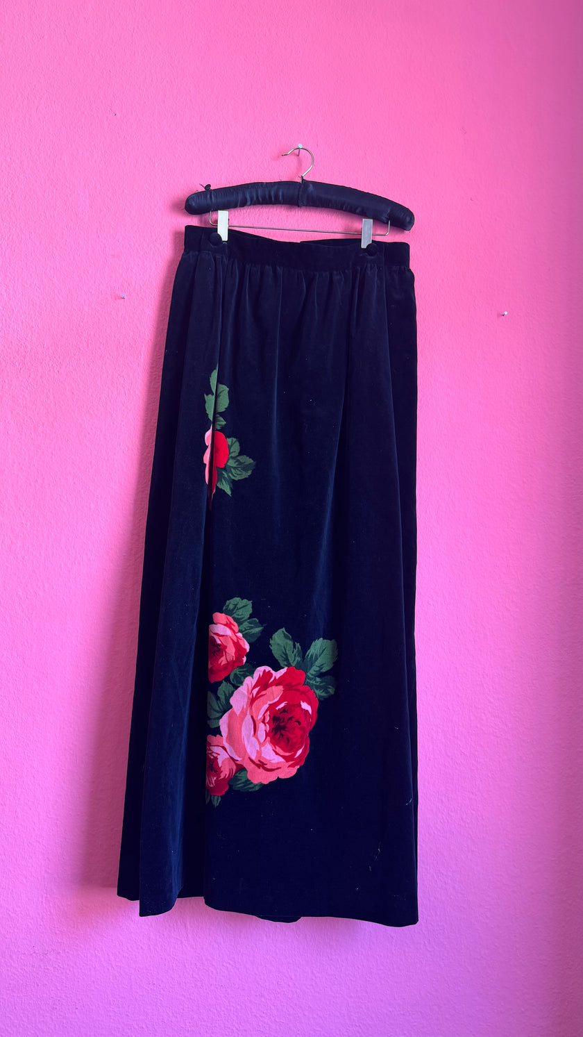 Vintage 1980s Black Velvet Floral Maxi Skirt