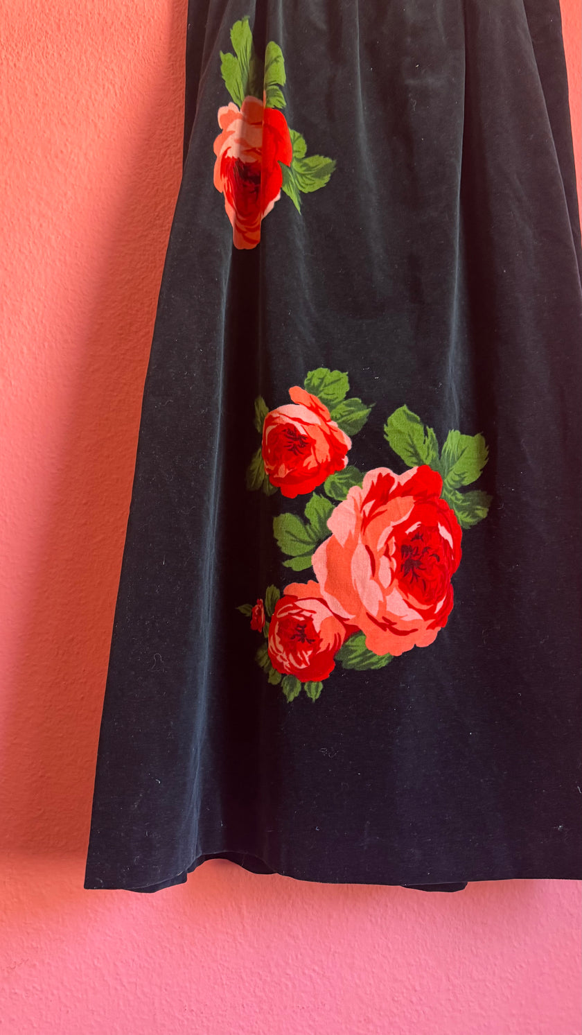 Vintage 1980s Black Velvet Floral Maxi Skirt
