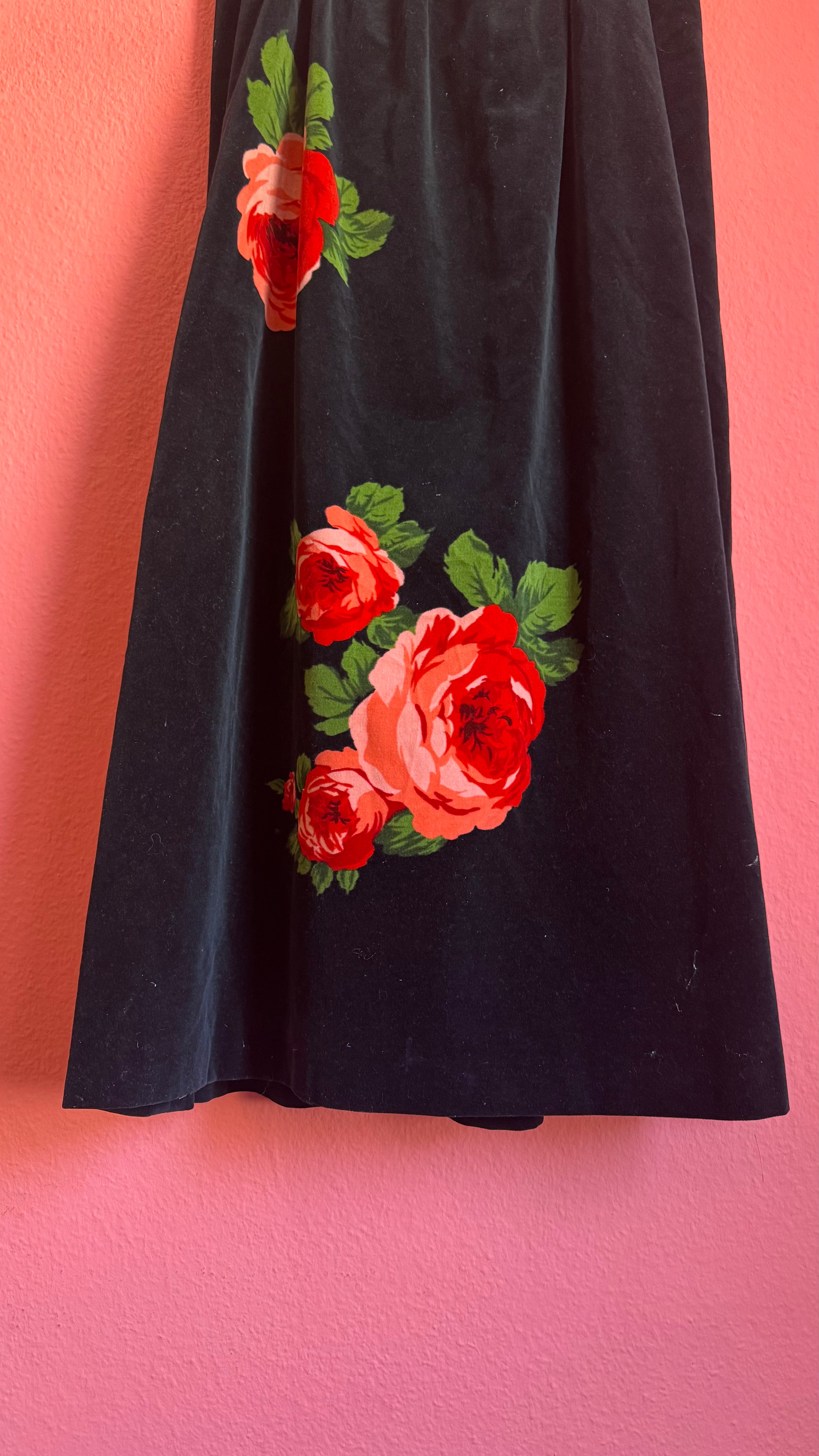 Vintage 1980s Black Velvet Floral Maxi Skirt