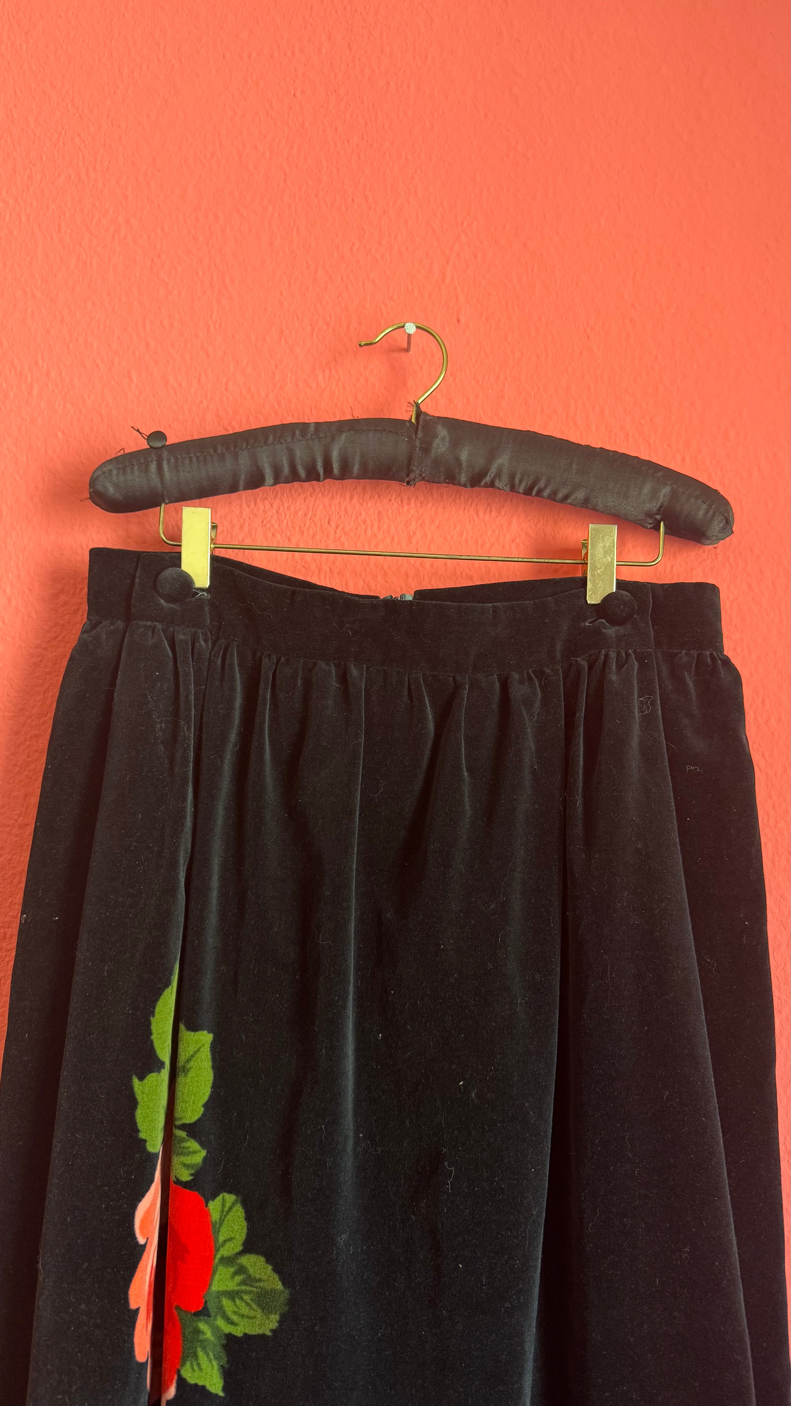 Vintage 1980s Black Velvet Floral Maxi Skirt