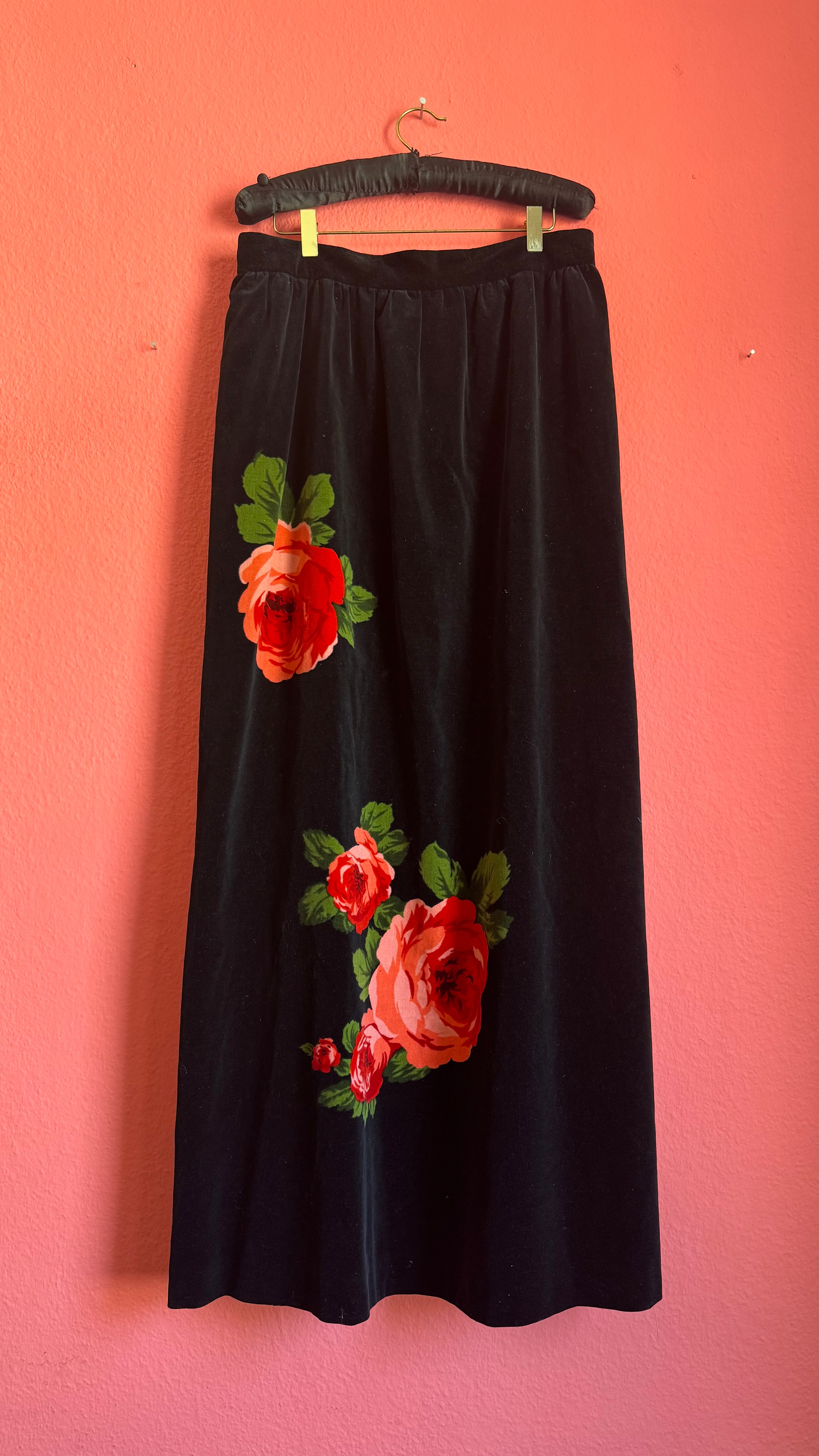 Vintage 1980s Black Velvet Floral Maxi Skirt