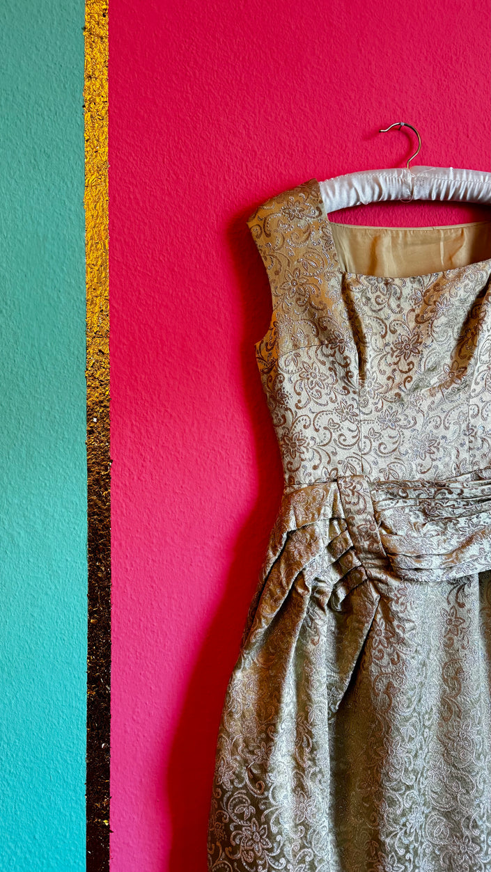 Tailored Gold Brocade Dress – Sculpted Elegance