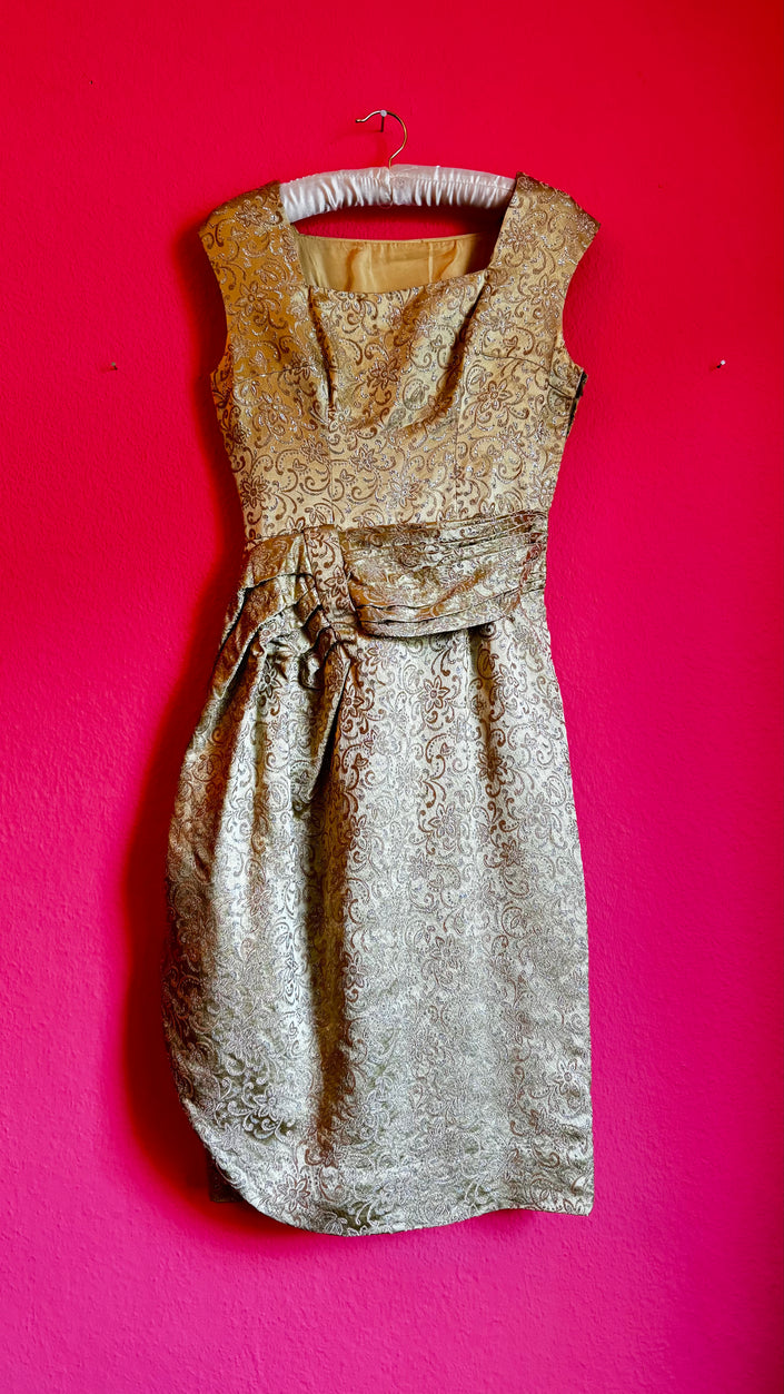 Tailored Gold Brocade Dress – Sculpted Elegance