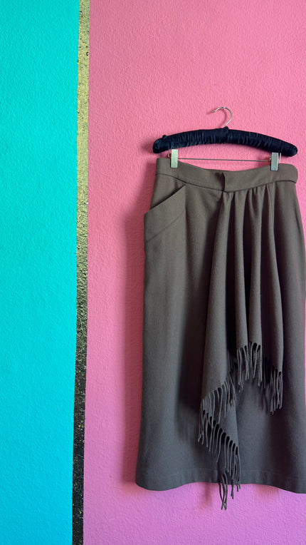 Vintage 1990s Byblos Olive Wool Fringe Midi Skirt