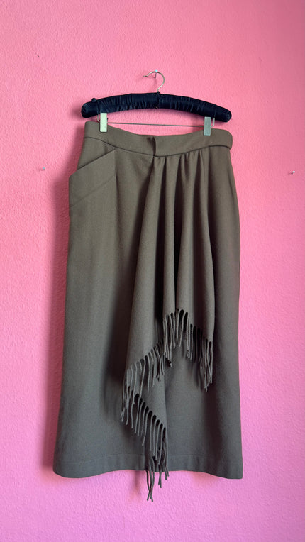 Vintage 1990s Byblos Olive Wool Fringe Midi Skirt