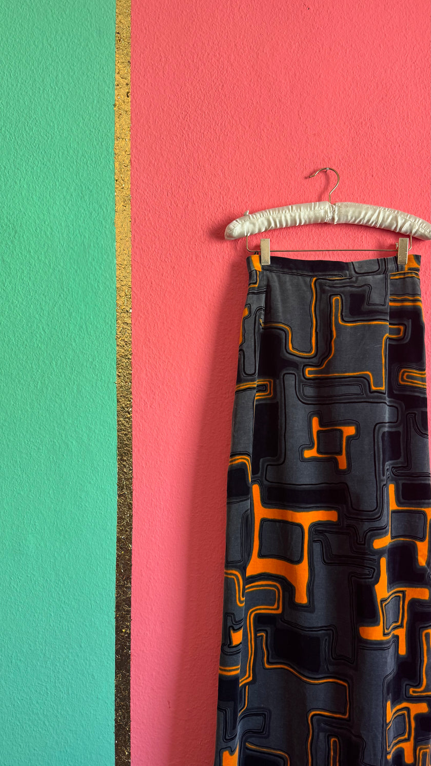 Vintage 1970s Grey Velvet Geometric Maxi Skirt