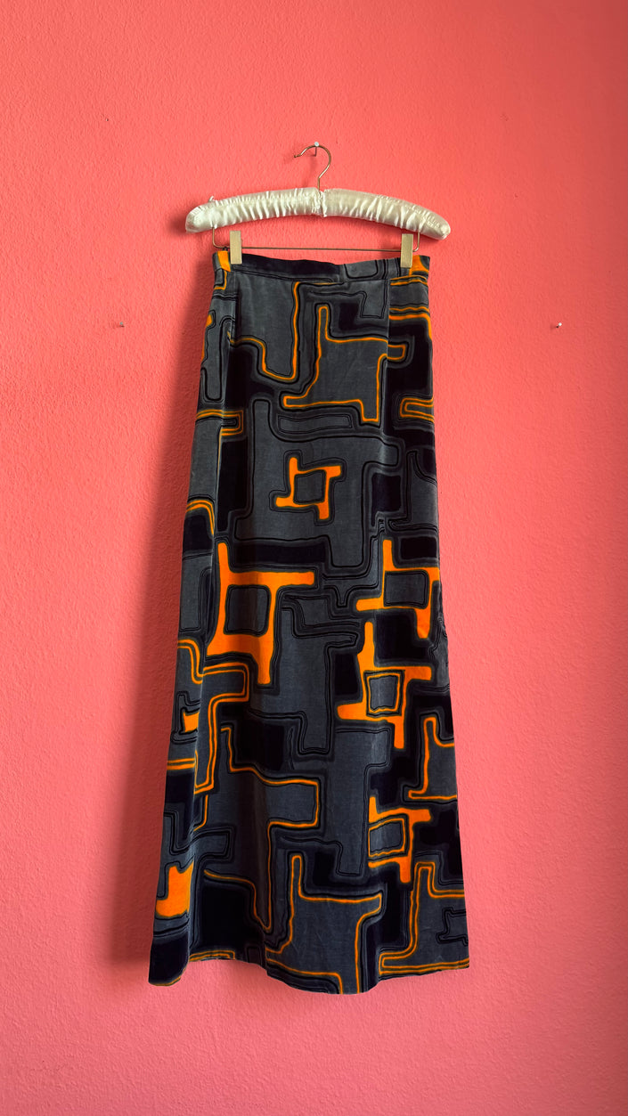 Vintage 1970s Grey Velvet Geometric Maxi Skirt