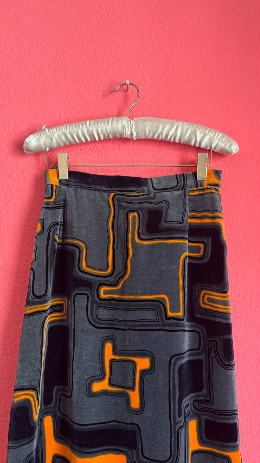 Vintage 1970s Grey Velvet Geometric Maxi Skirt