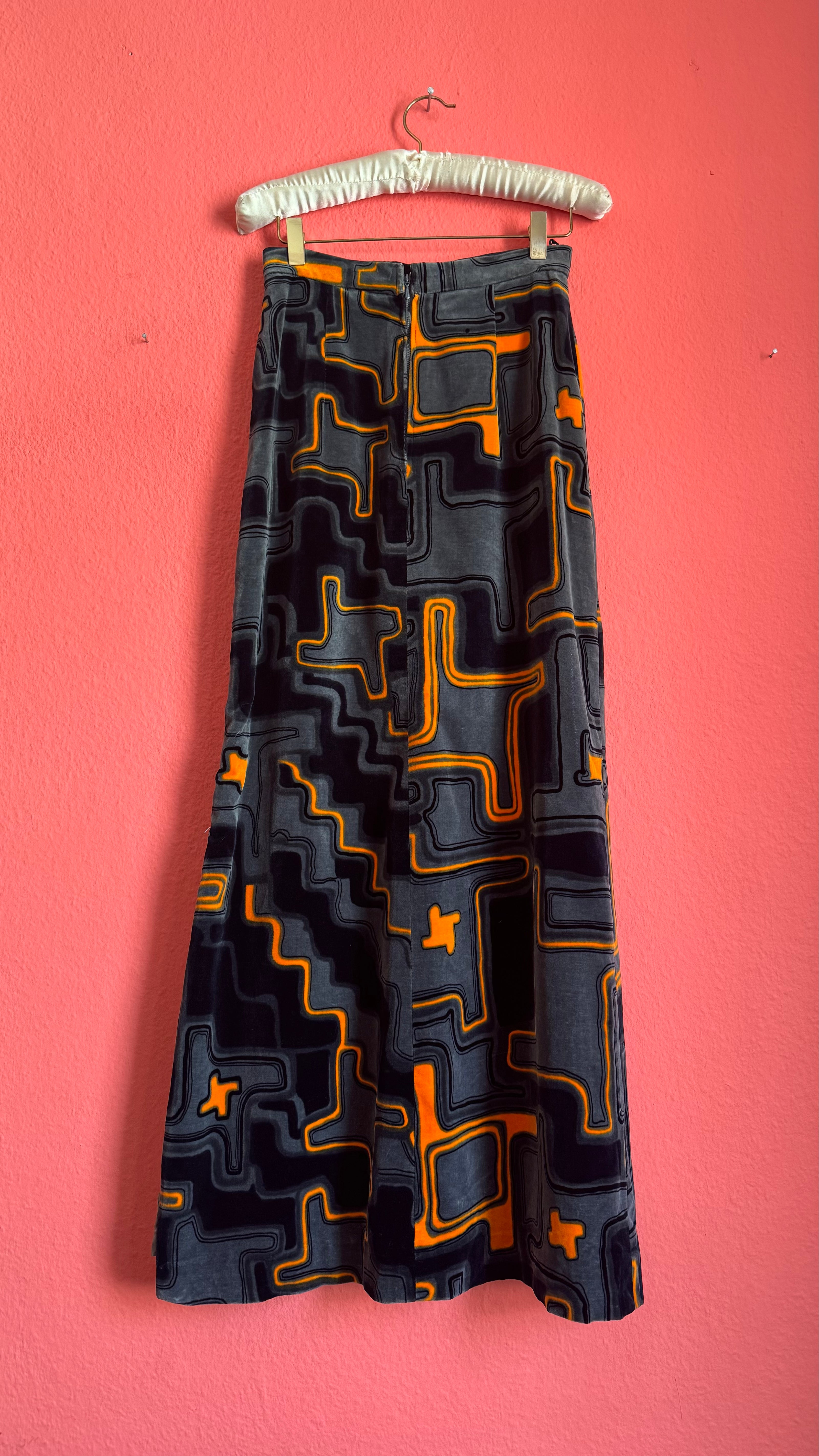 Vintage 1970s Grey Velvet Geometric Maxi Skirt