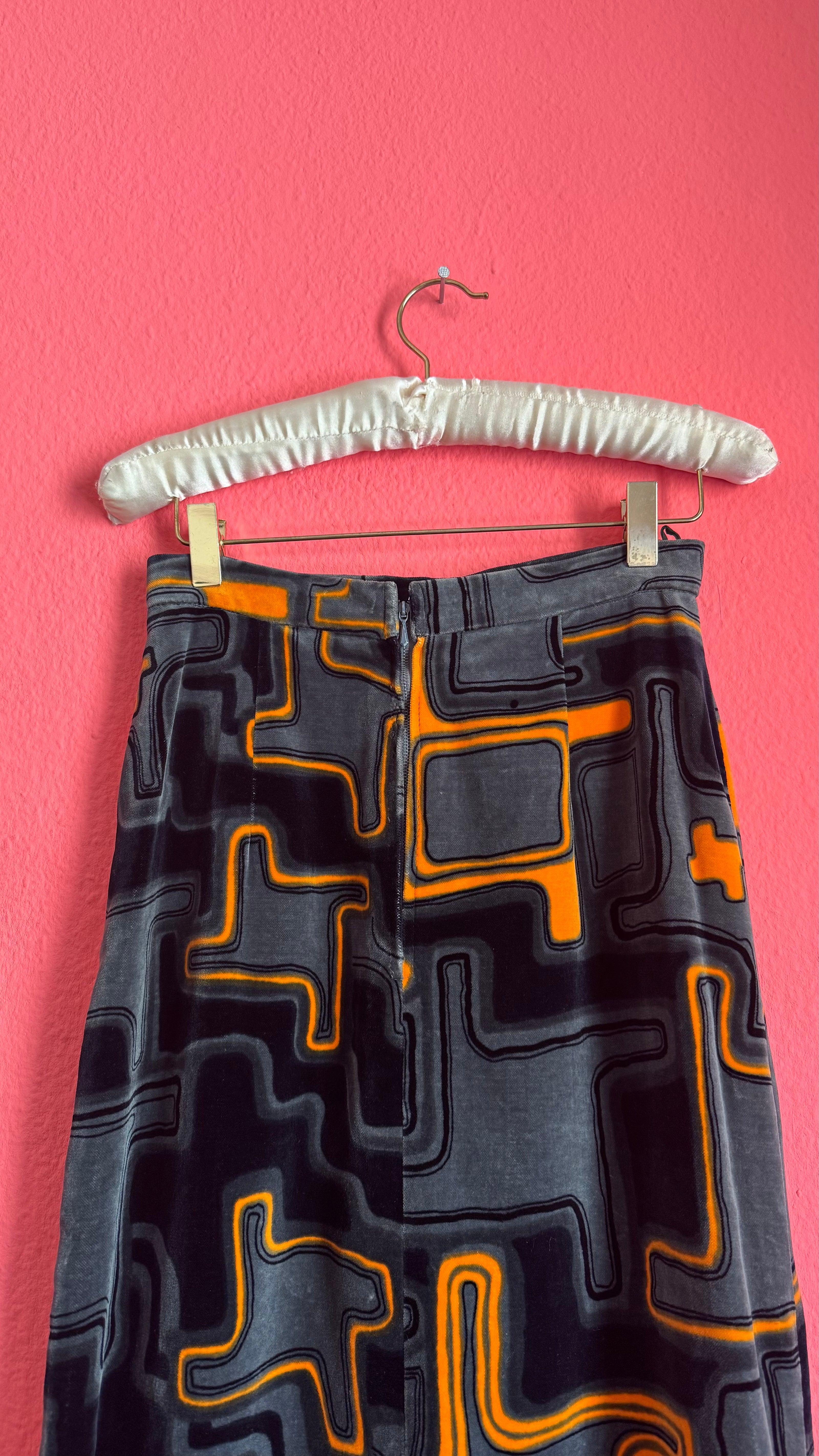 Vintage 1970s Grey Velvet Geometric Maxi Skirt