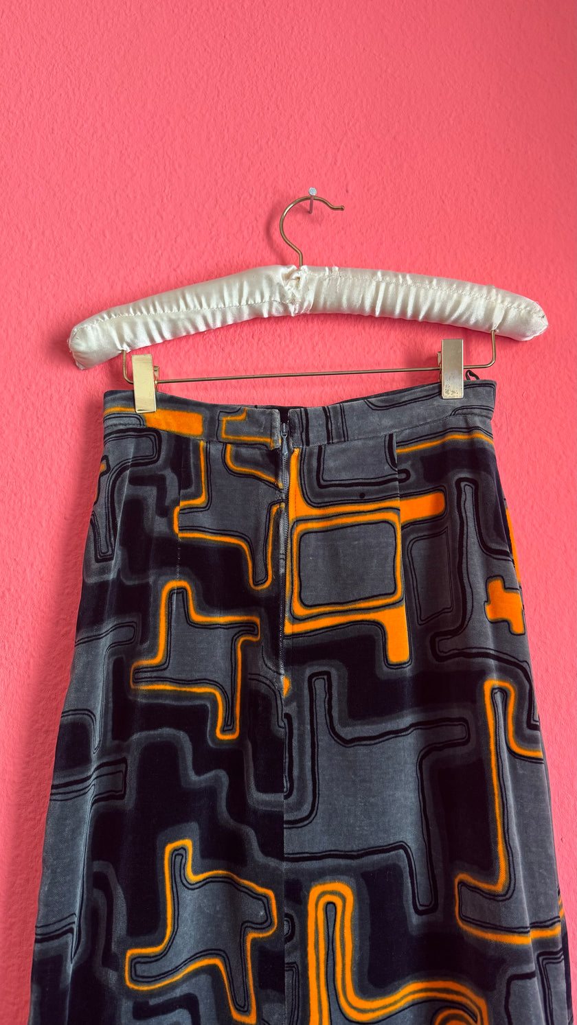 Vintage 1970s Grey Velvet Geometric Maxi Skirt
