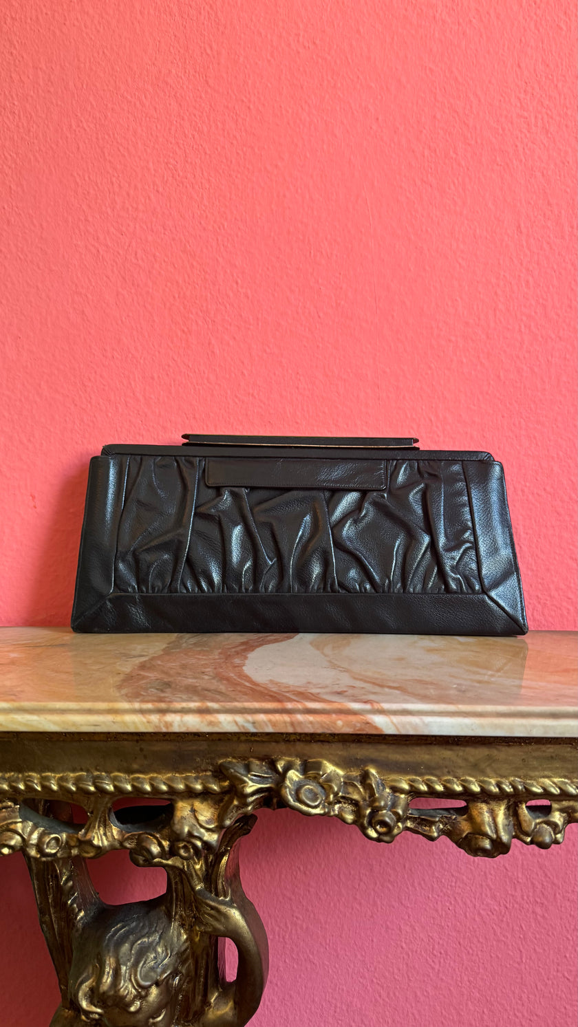 Vintage 1930s Shortite Black Leather Evening Bag Made In USA