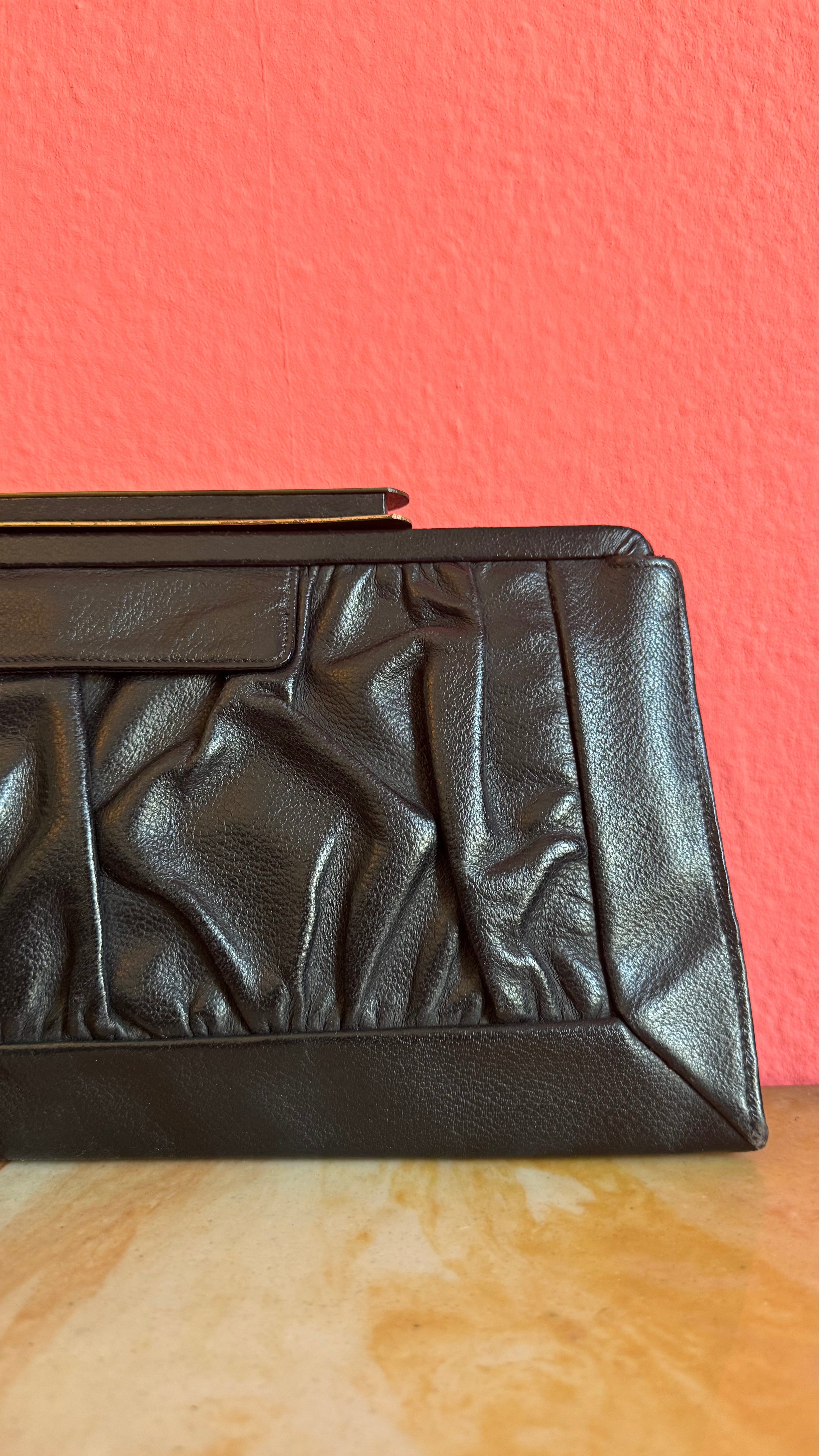 Vintage 1930s Shortite Black Leather Evening Bag Made In USA