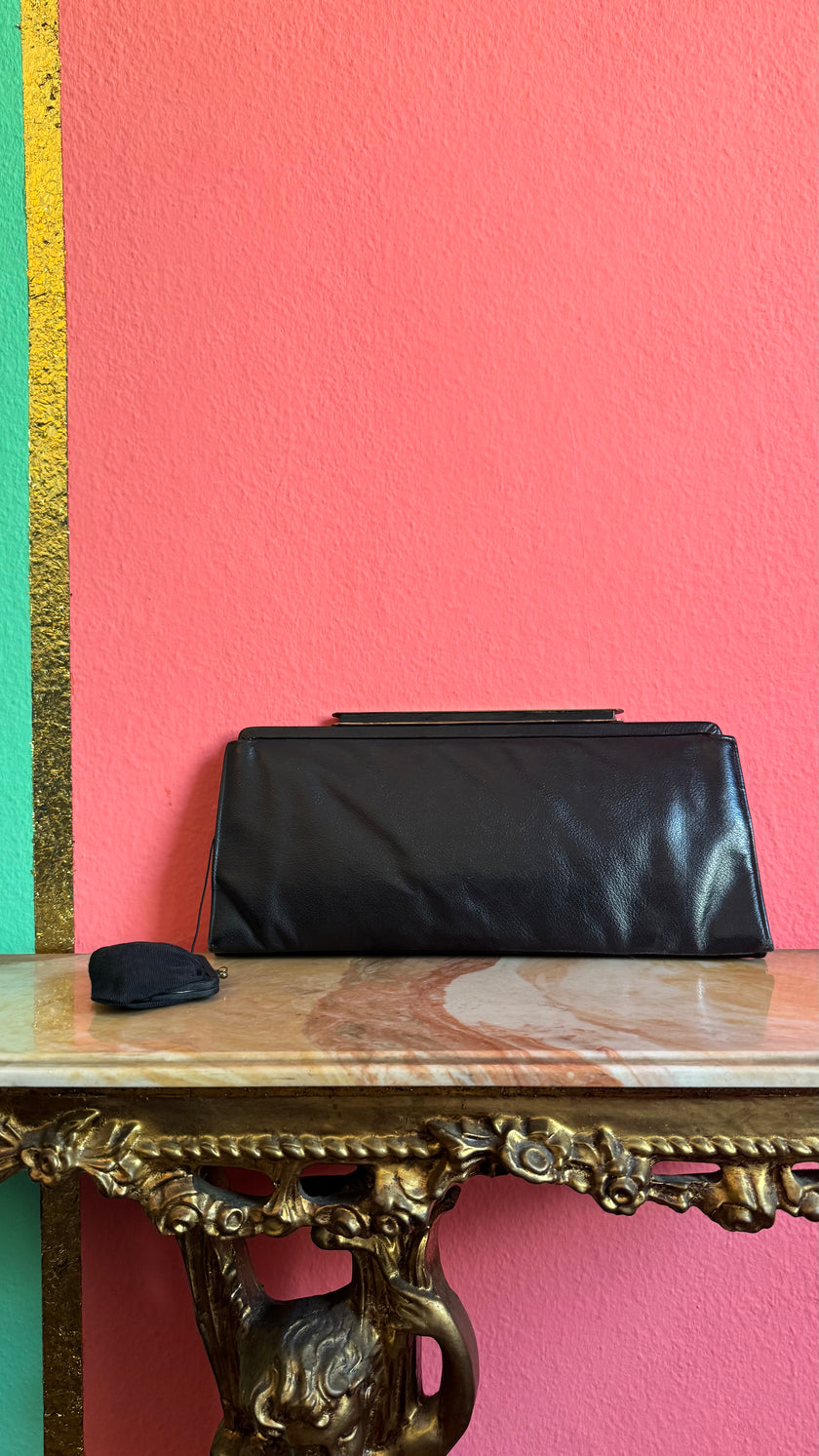 Vintage 1930s Shortite Black Leather Evening Bag Made In USA