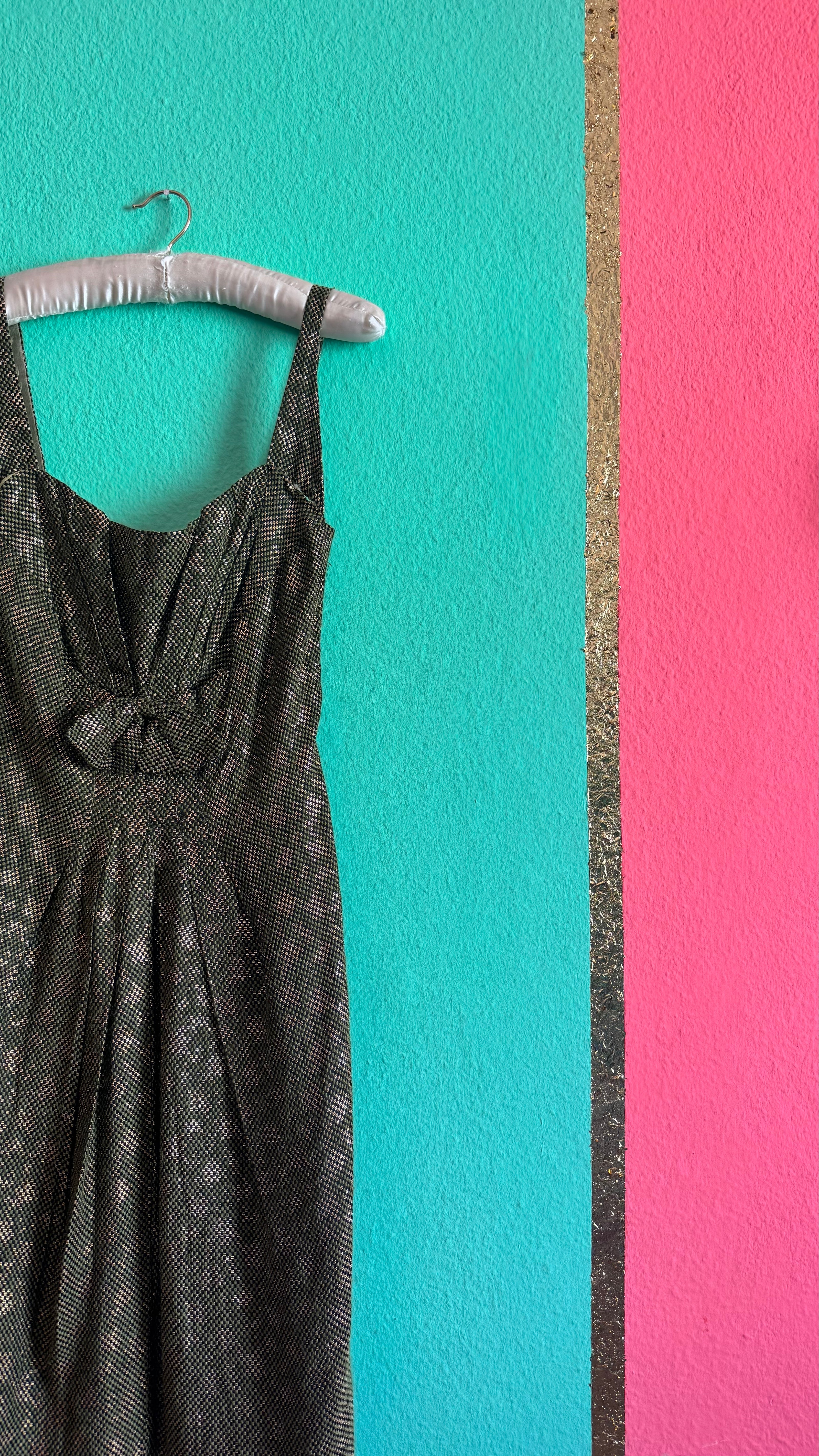 Vintage 1960s Green Metallic Thread Cocktail Dress