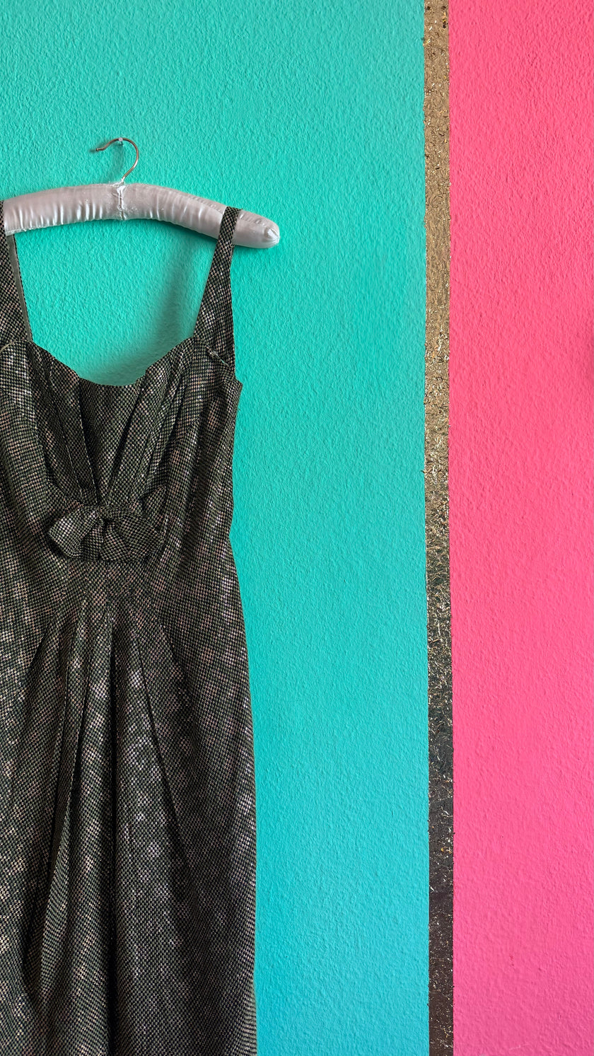 Vintage 1960s Green Metallic Thread Cocktail Dress