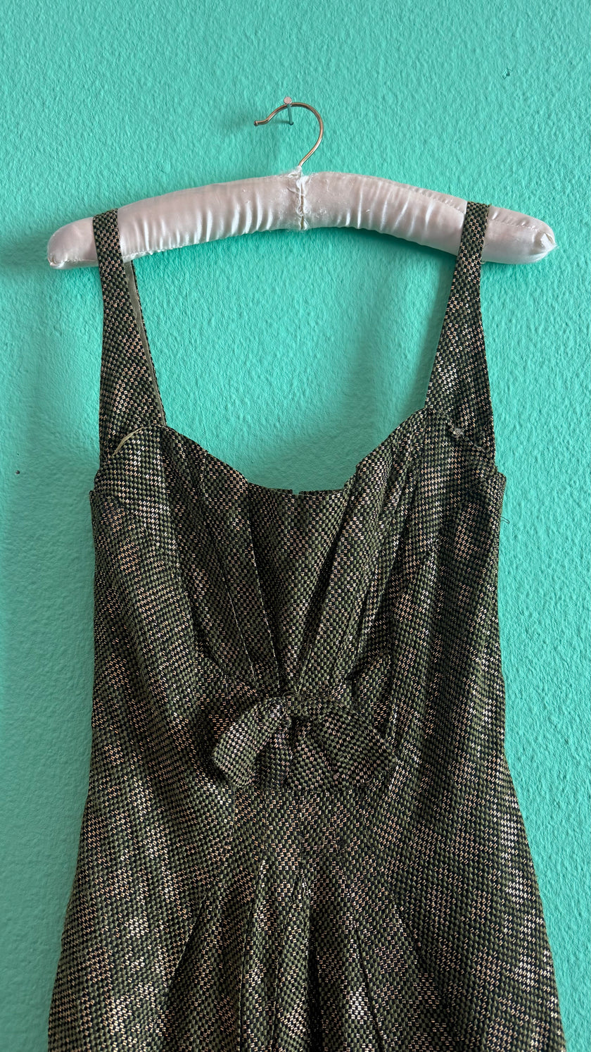 Vintage 1960s Green Metallic Thread Cocktail Dress