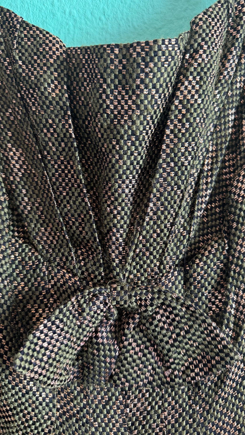 Vintage 1960s Green Metallic Thread Cocktail Dress
