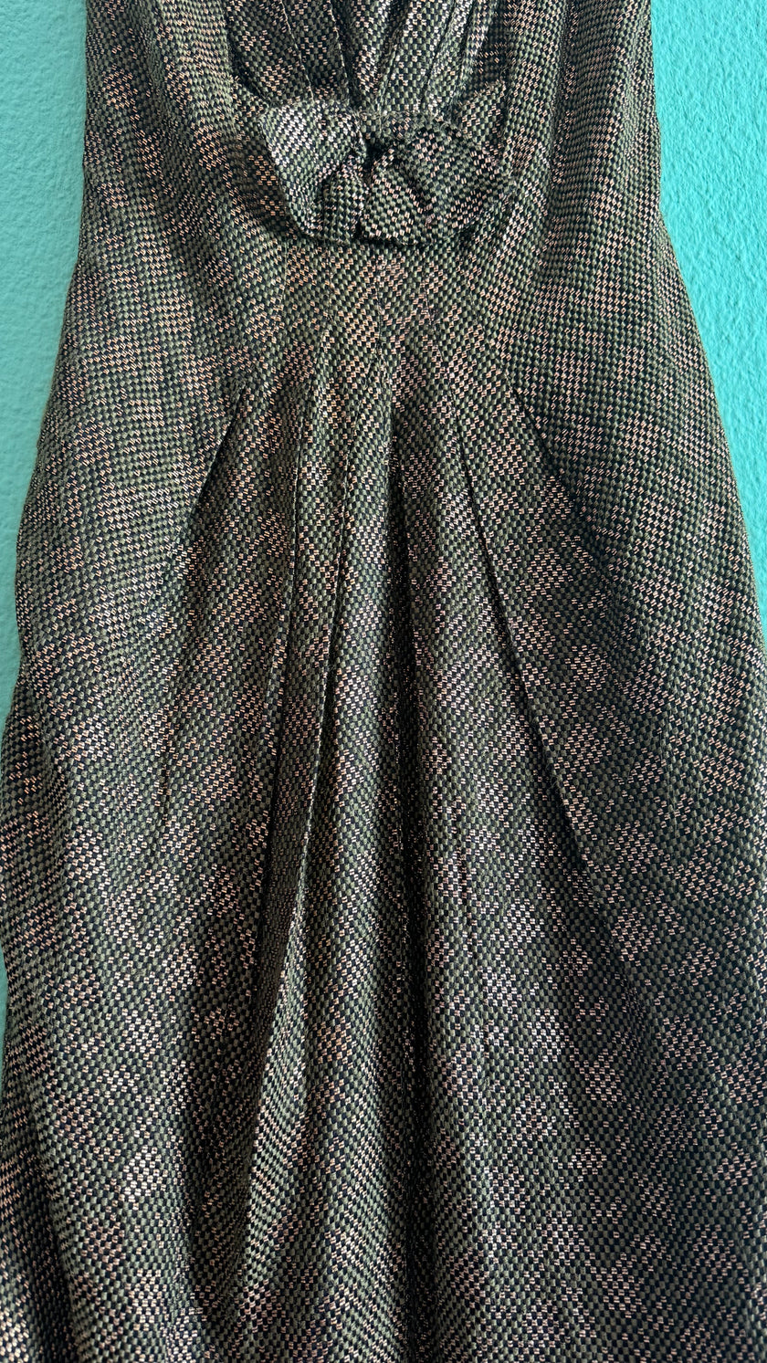 Vintage 1960s Green Metallic Thread Cocktail Dress