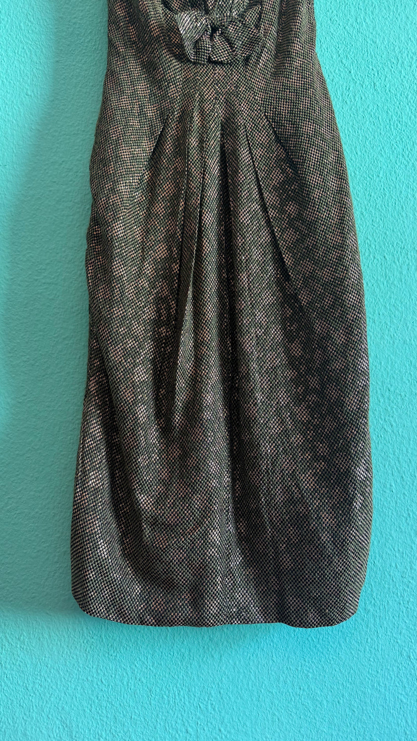 Vintage 1960s Green Metallic Thread Cocktail Dress