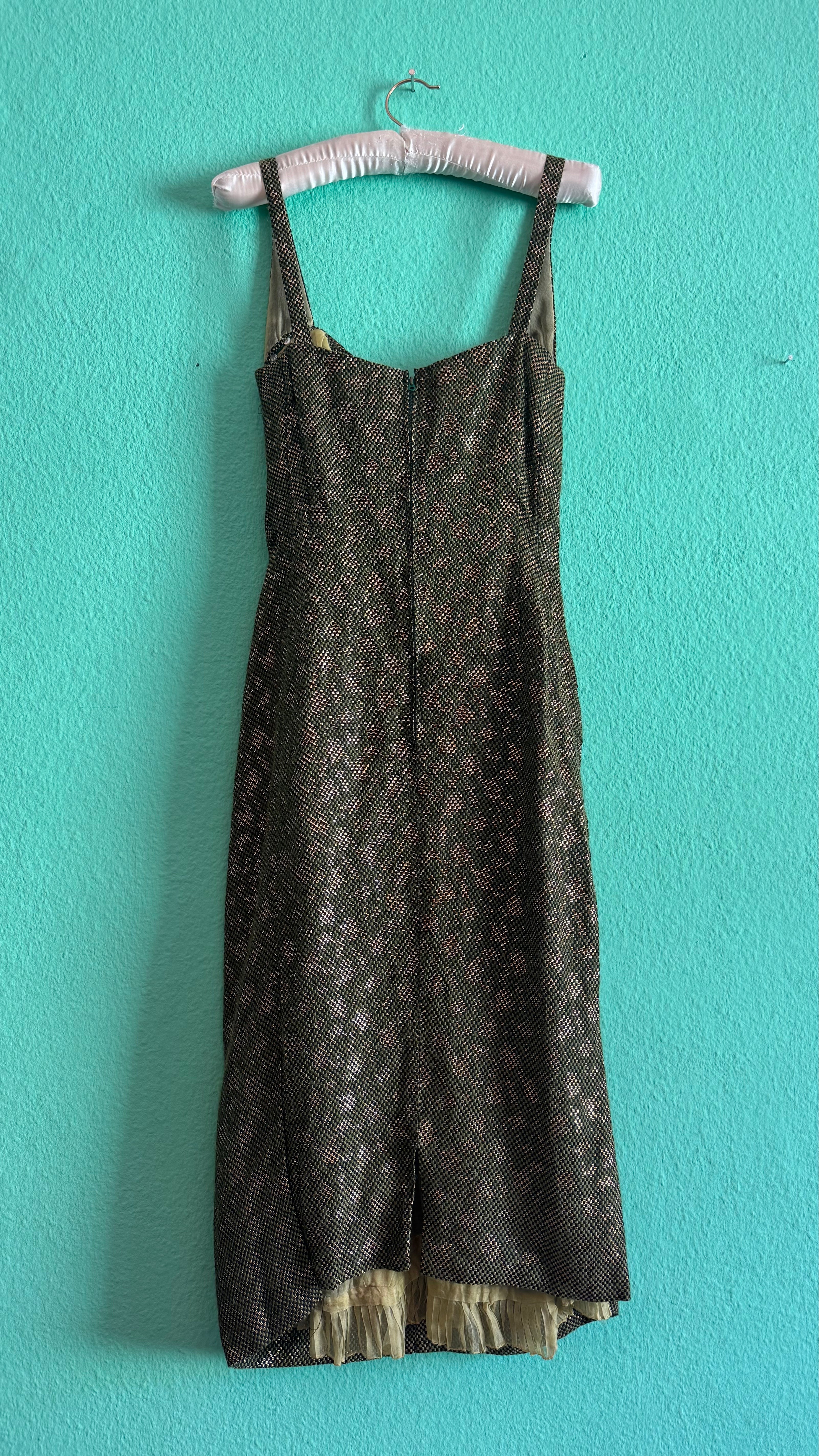 Vintage 1960s Green Metallic Thread Cocktail Dress