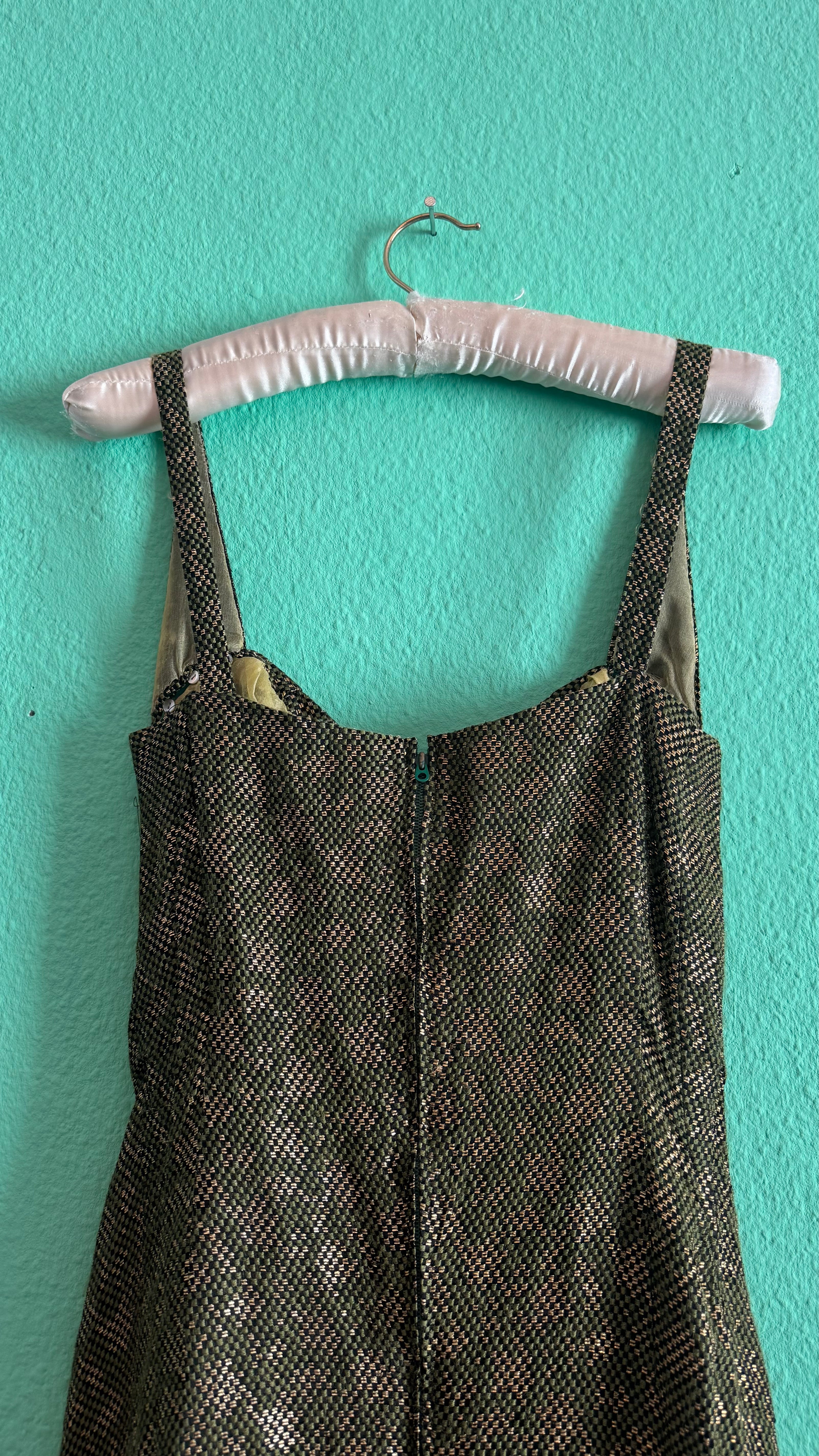 Vintage 1960s Green Metallic Thread Cocktail Dress