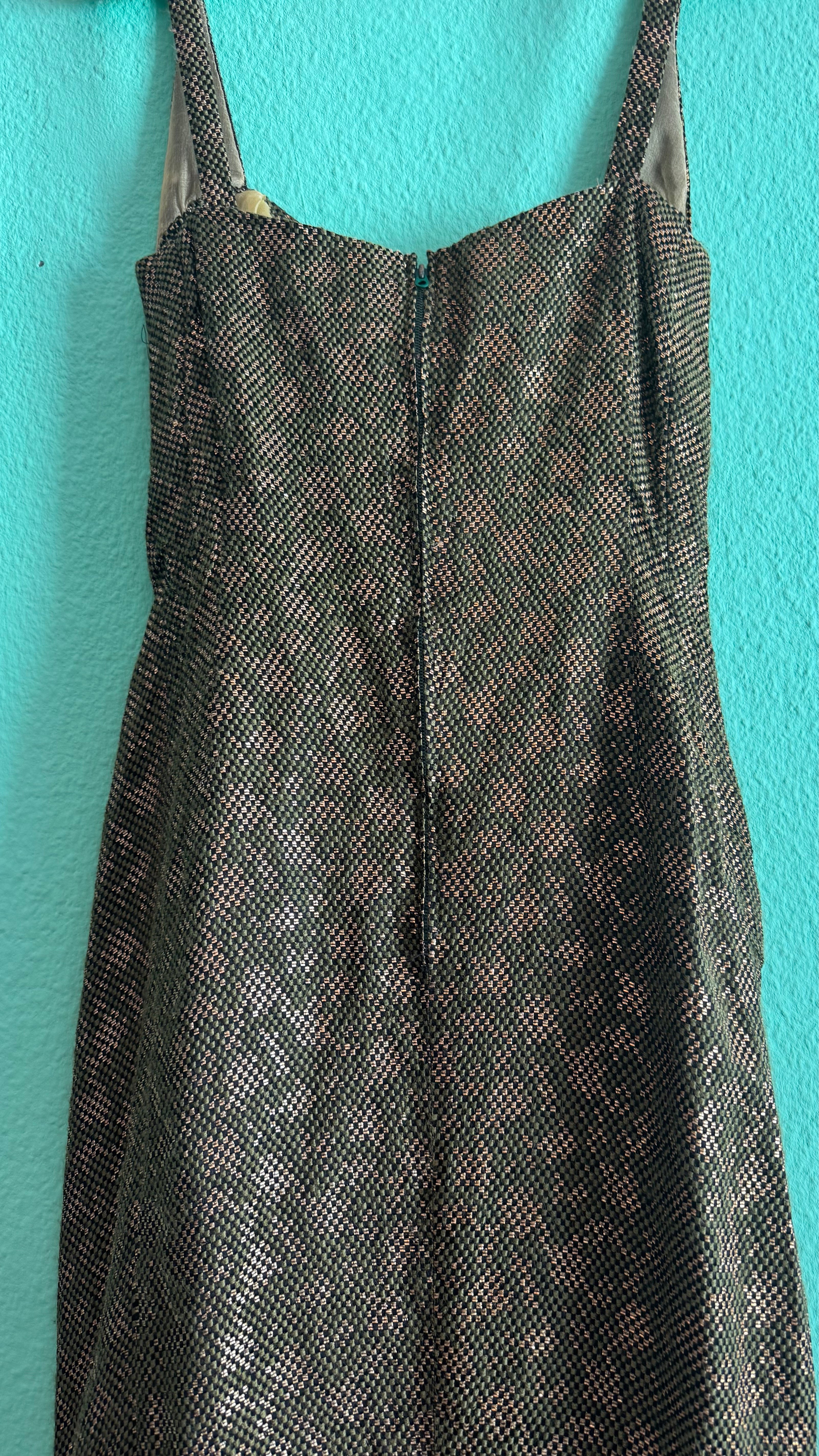 Vintage 1960s Green Metallic Thread Cocktail Dress
