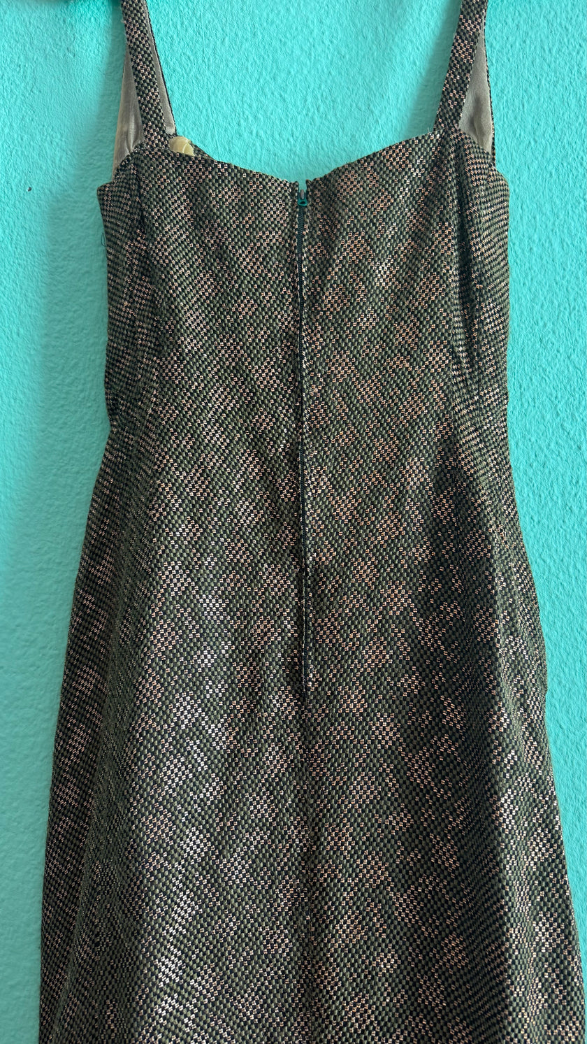 Vintage 1960s Green Metallic Thread Cocktail Dress