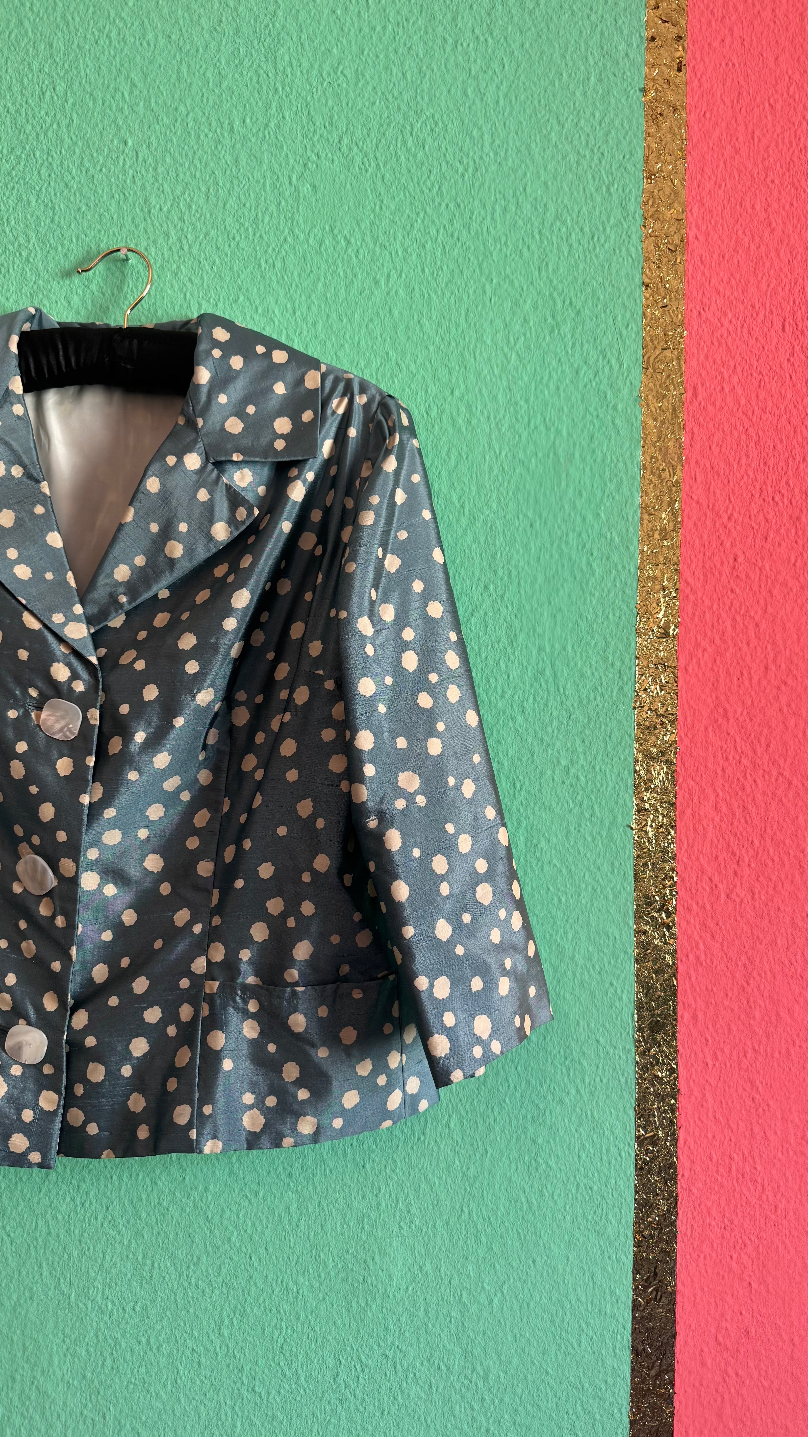 Vintage 1980s Blue Silk Polka Dot Cropped Blazer
