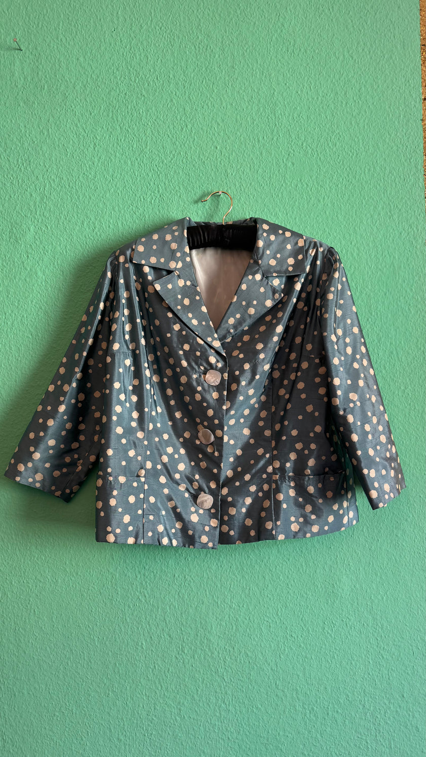 Vintage 1980s Blue Silk Polka Dot Cropped Blazer