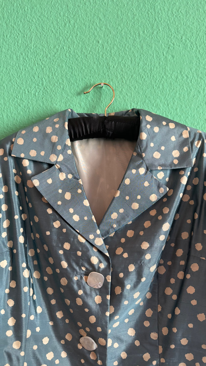 Vintage 1980s Blue Silk Polka Dot Cropped Blazer