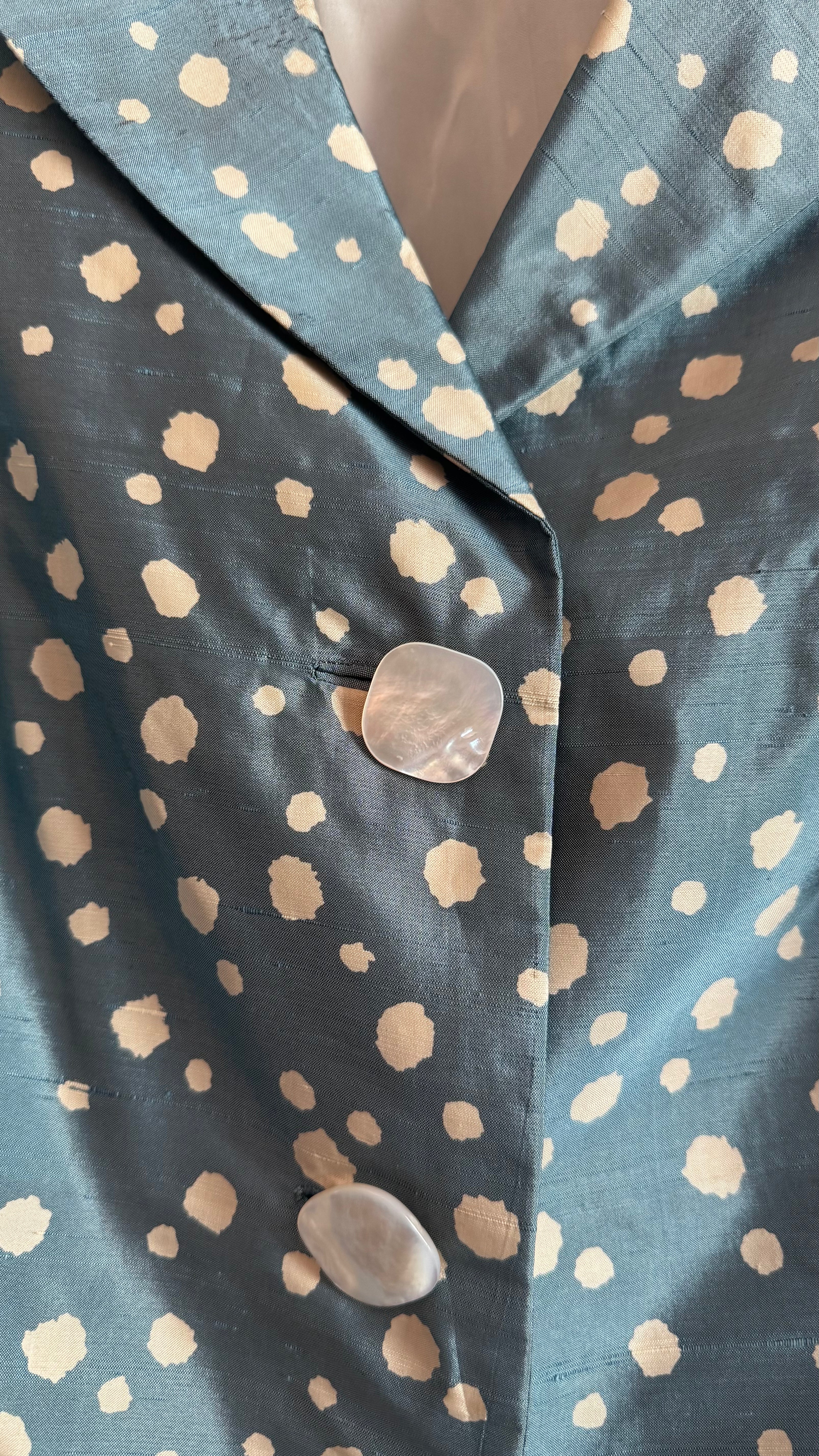 Vintage 1980s Blue Silk Polka Dot Cropped Blazer