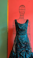 Vintage 1980s Teal Satin Floral Party Dress