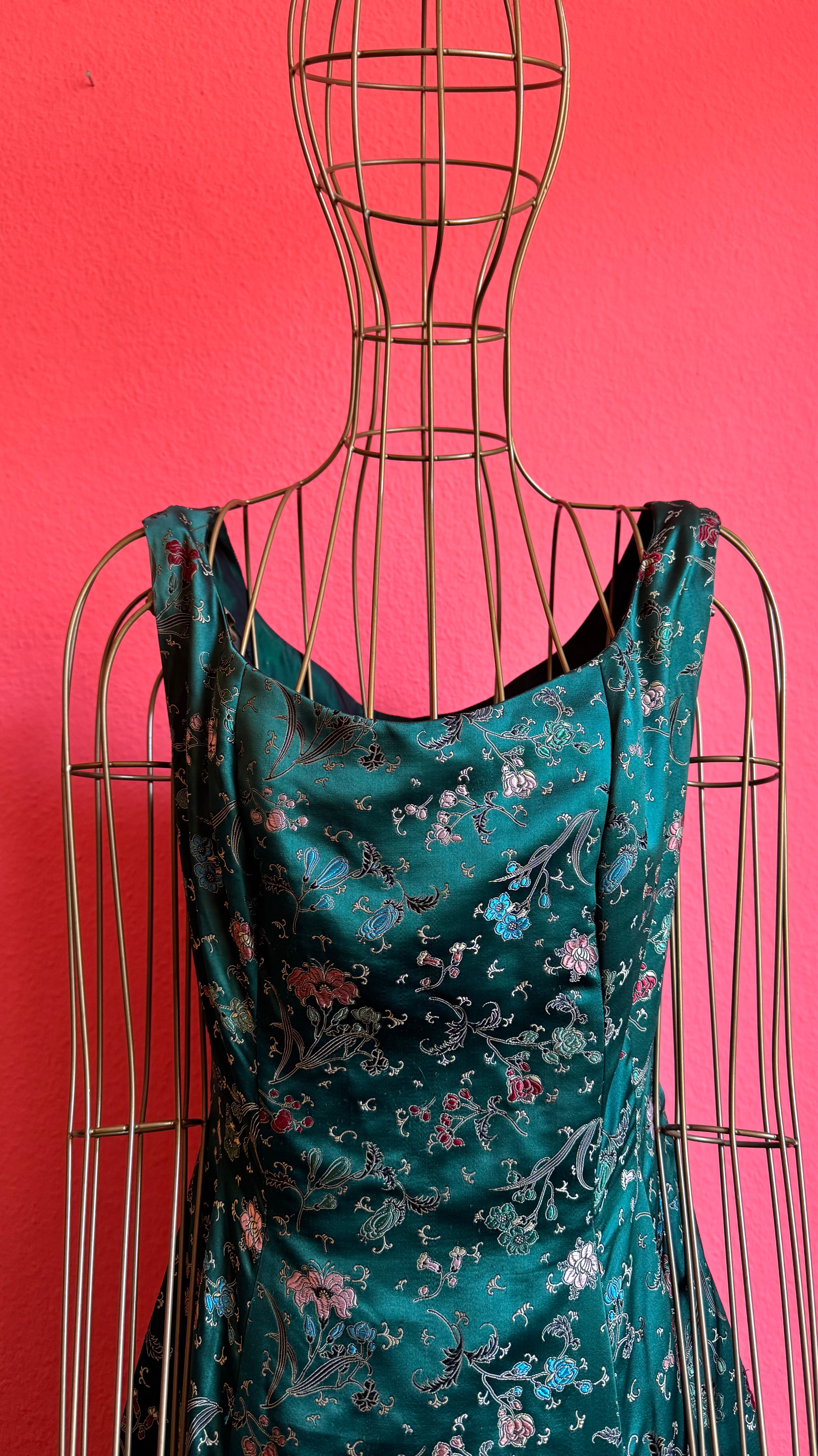 Vintage 1980s Teal Satin Floral Party Dress