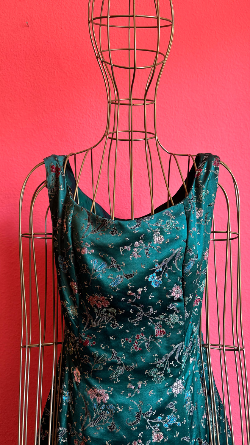 Vintage 1980s Teal Satin Floral Party Dress