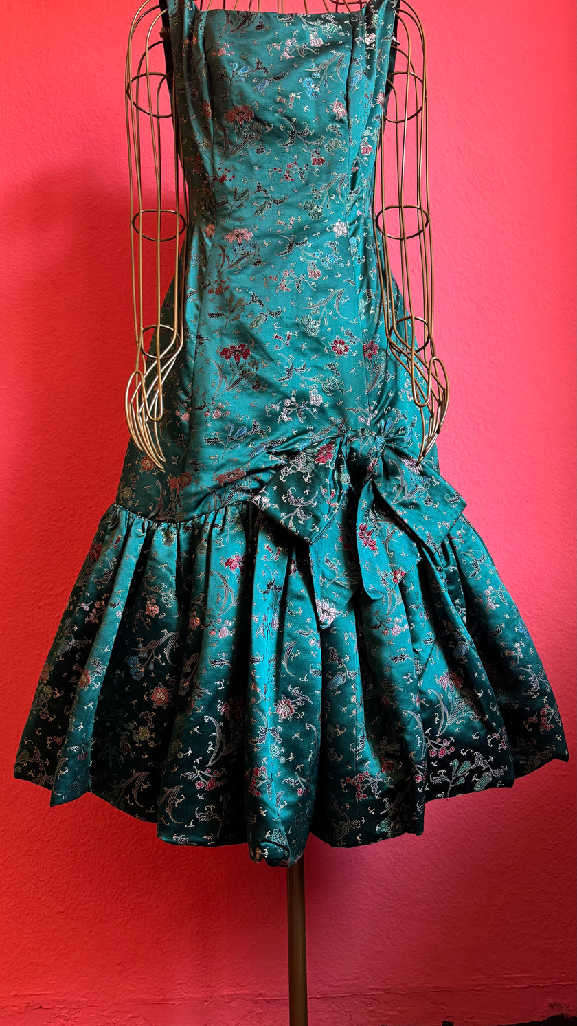 Vintage 1980s Teal Satin Floral Party Dress