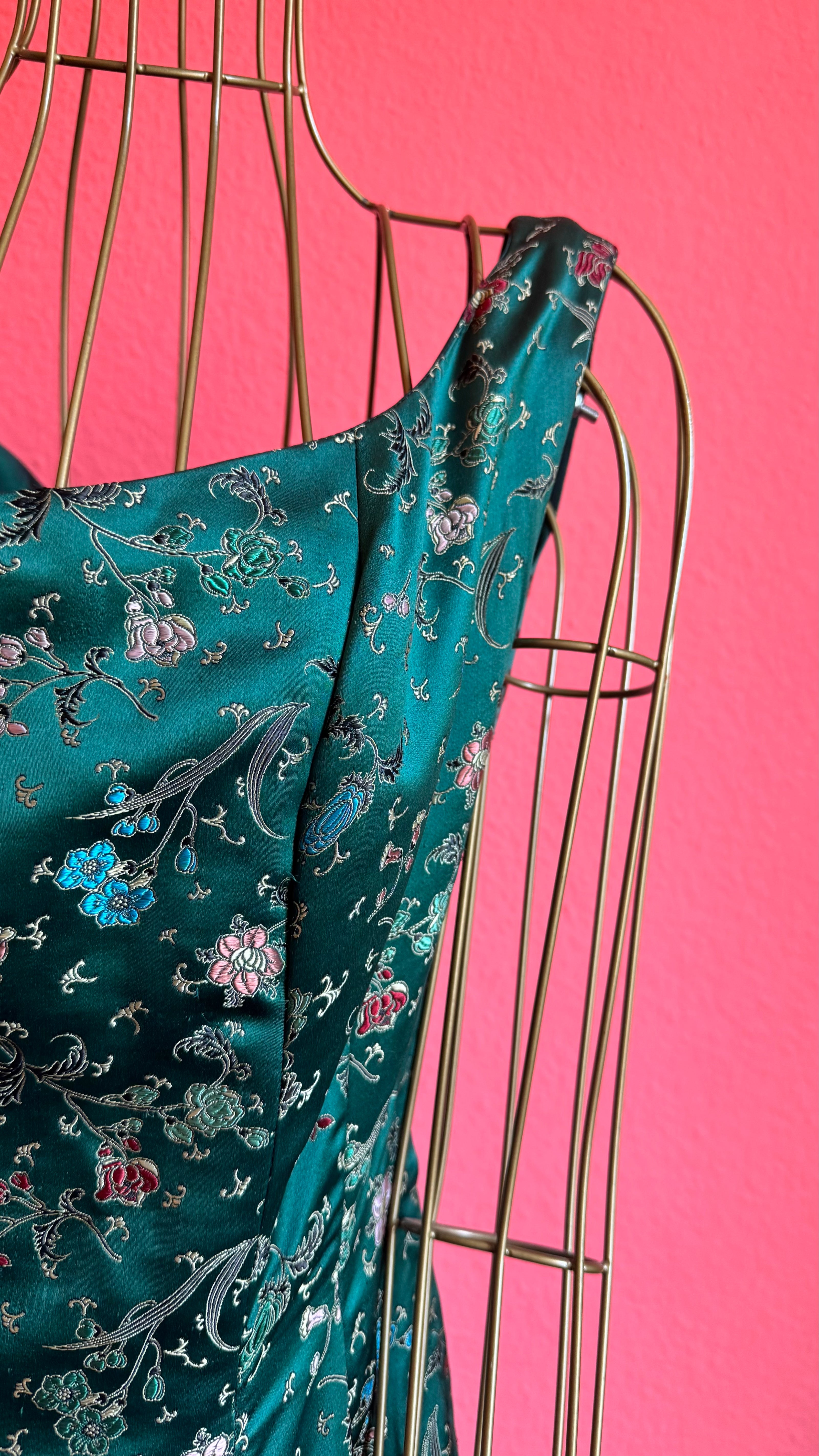 Vintage 1980s Teal Satin Floral Party Dress
