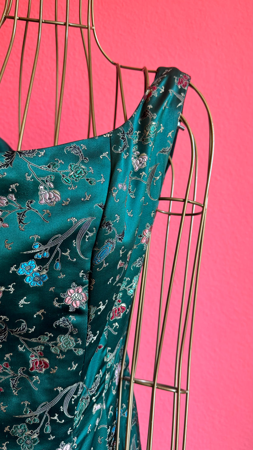 Vintage 1980s Teal Satin Floral Party Dress