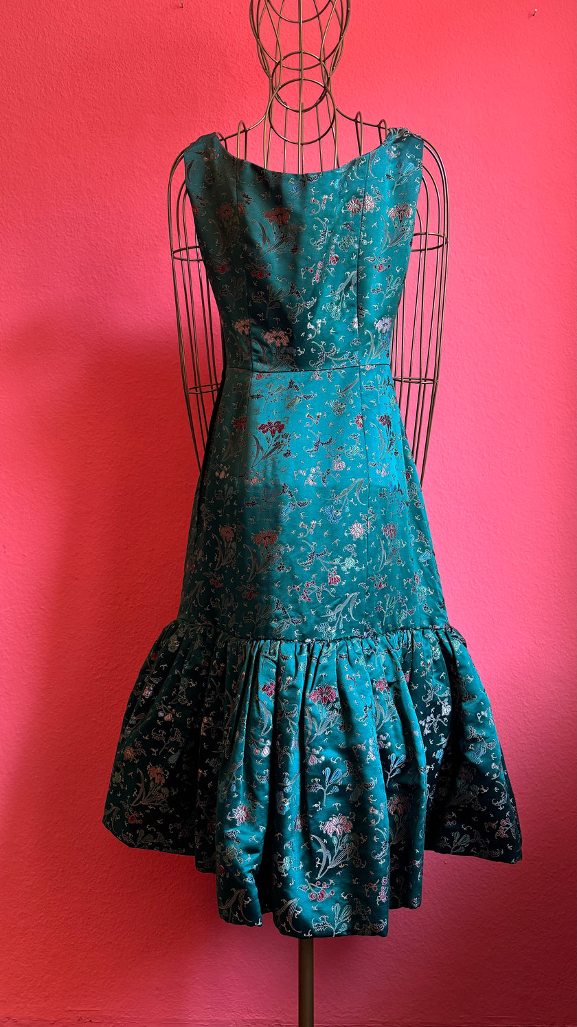 Vintage 1980s Teal Satin Floral Party Dress