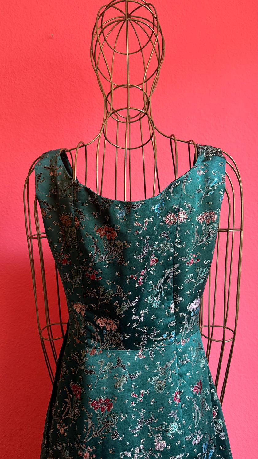 Vintage 1980s Teal Satin Floral Party Dress