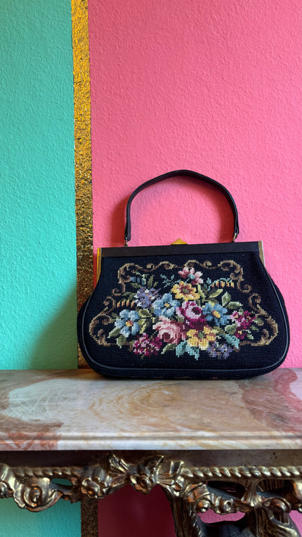 Vintage 1950s Black Wool Needlepoint Dirndl Bag