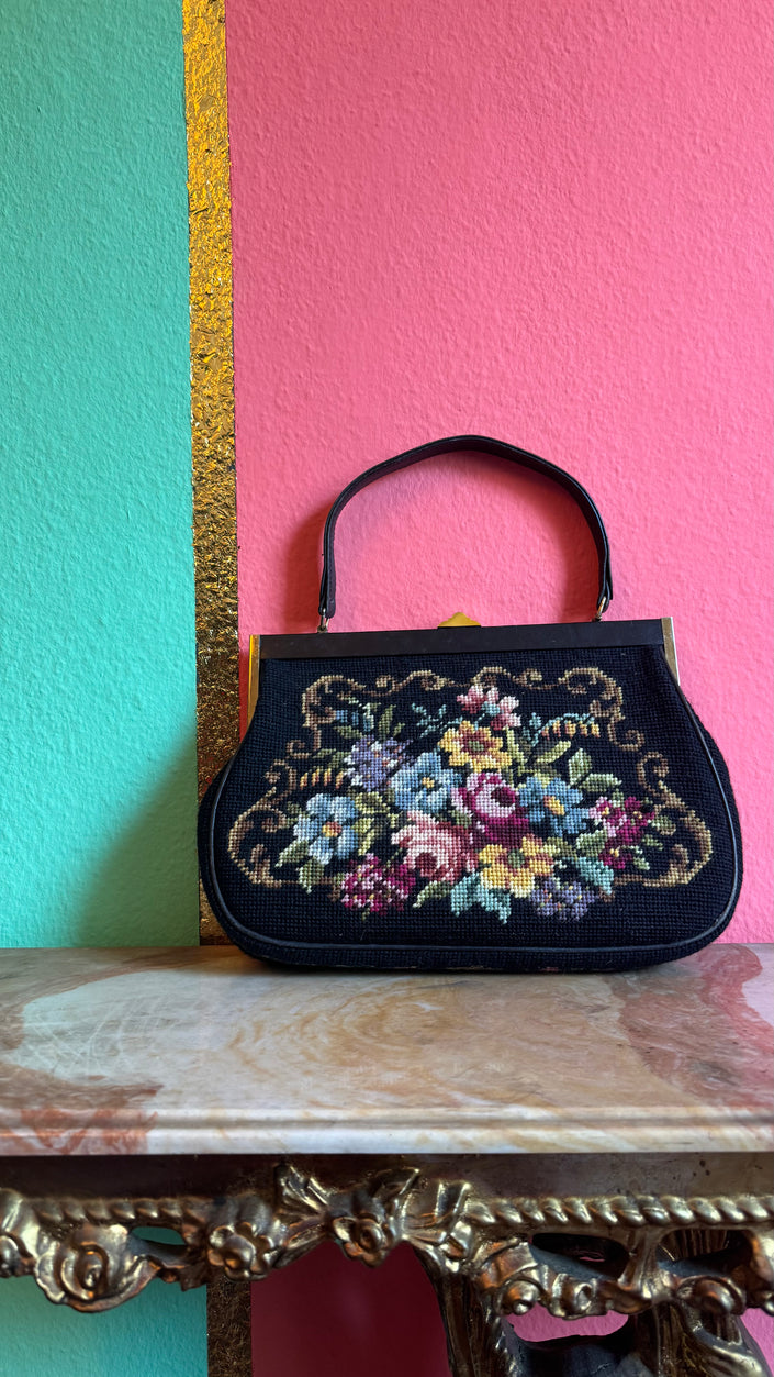 Vintage 1950s Black Wool Needlepoint Dirndl Bag