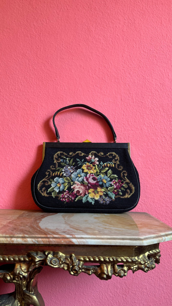 Vintage 1950s Black Wool Needlepoint Dirndl Bag