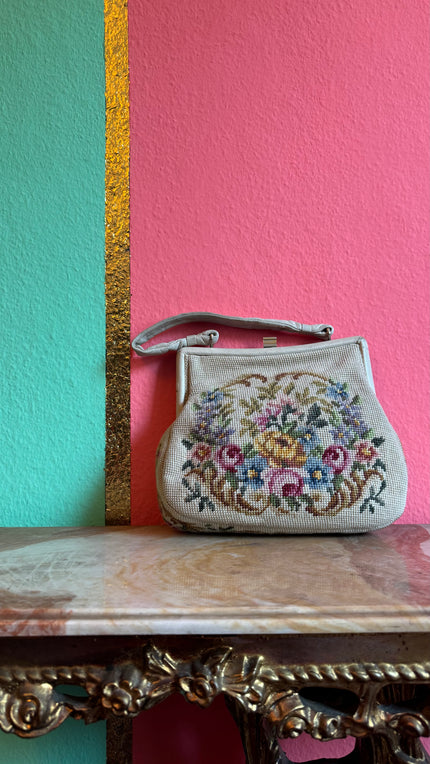 Vintage 1950s Ivory Wool Needlepoint Floral Handbag