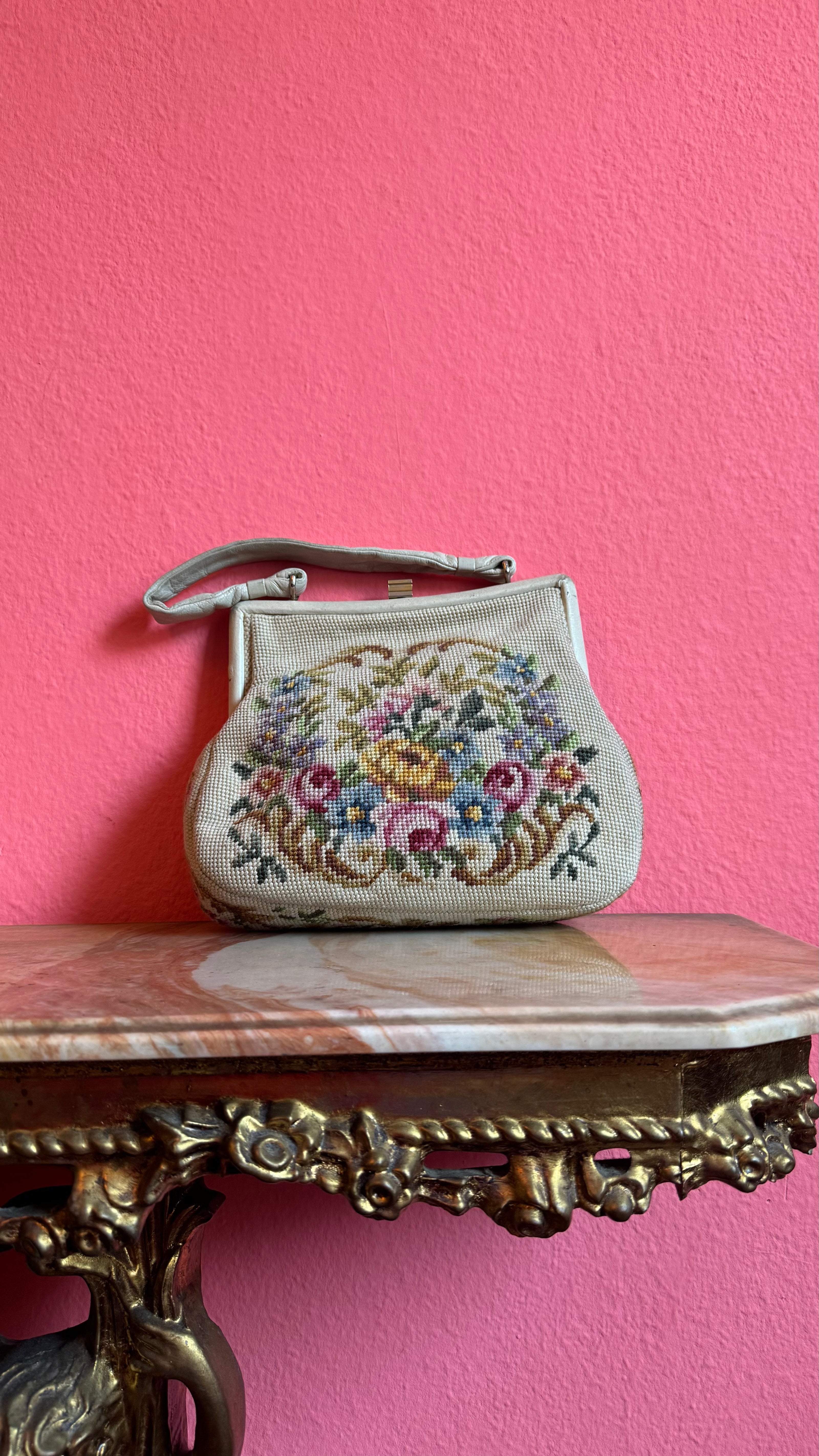 Vintage 1950s Ivory Wool Needlepoint Floral Handbag
