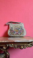 Vintage 1950s Ivory Wool Needlepoint Floral Handbag