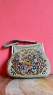 Vintage 1950s Ivory Wool Needlepoint Floral Handbag