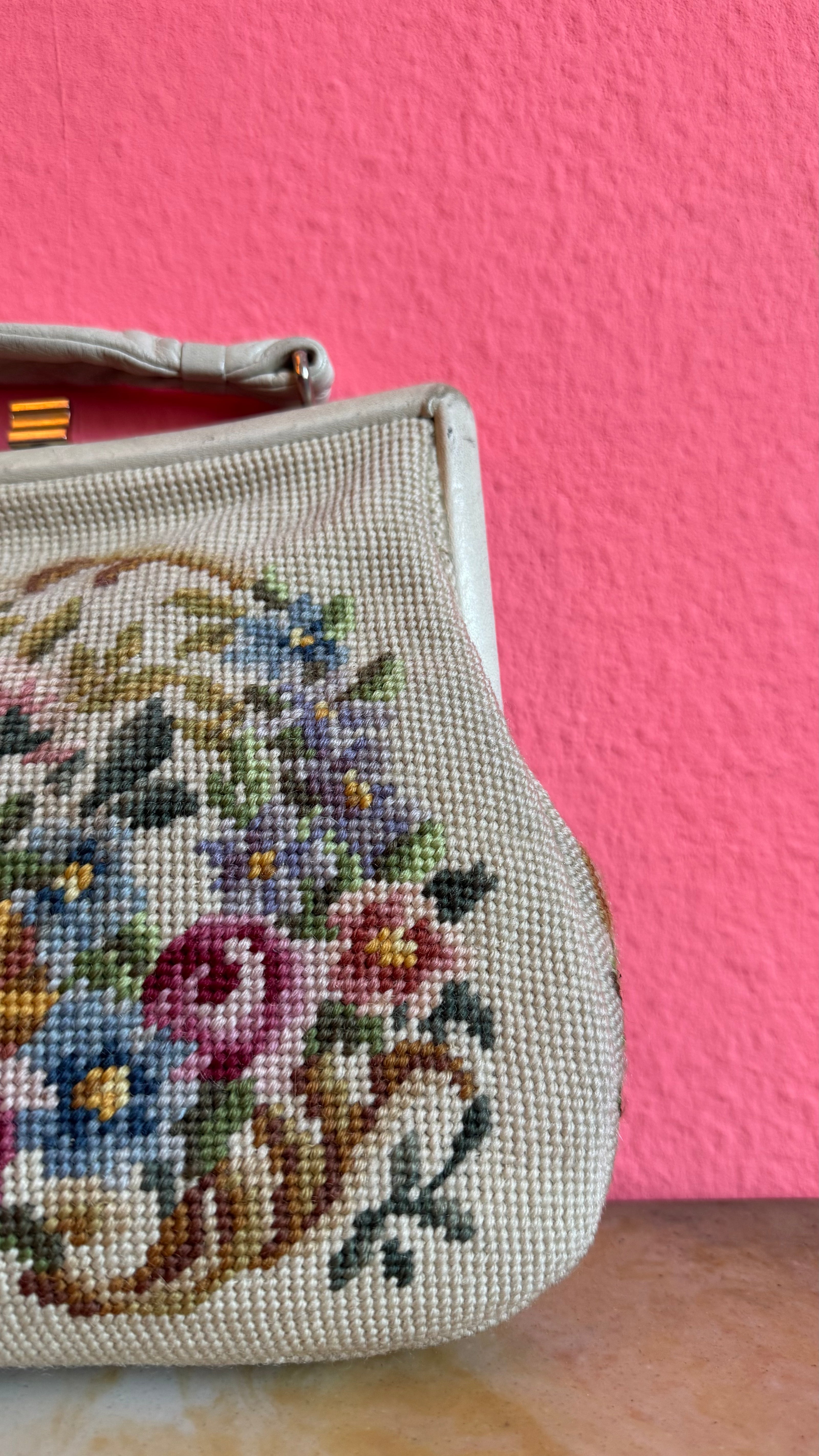 Vintage 1950s Ivory Wool Needlepoint Floral Handbag