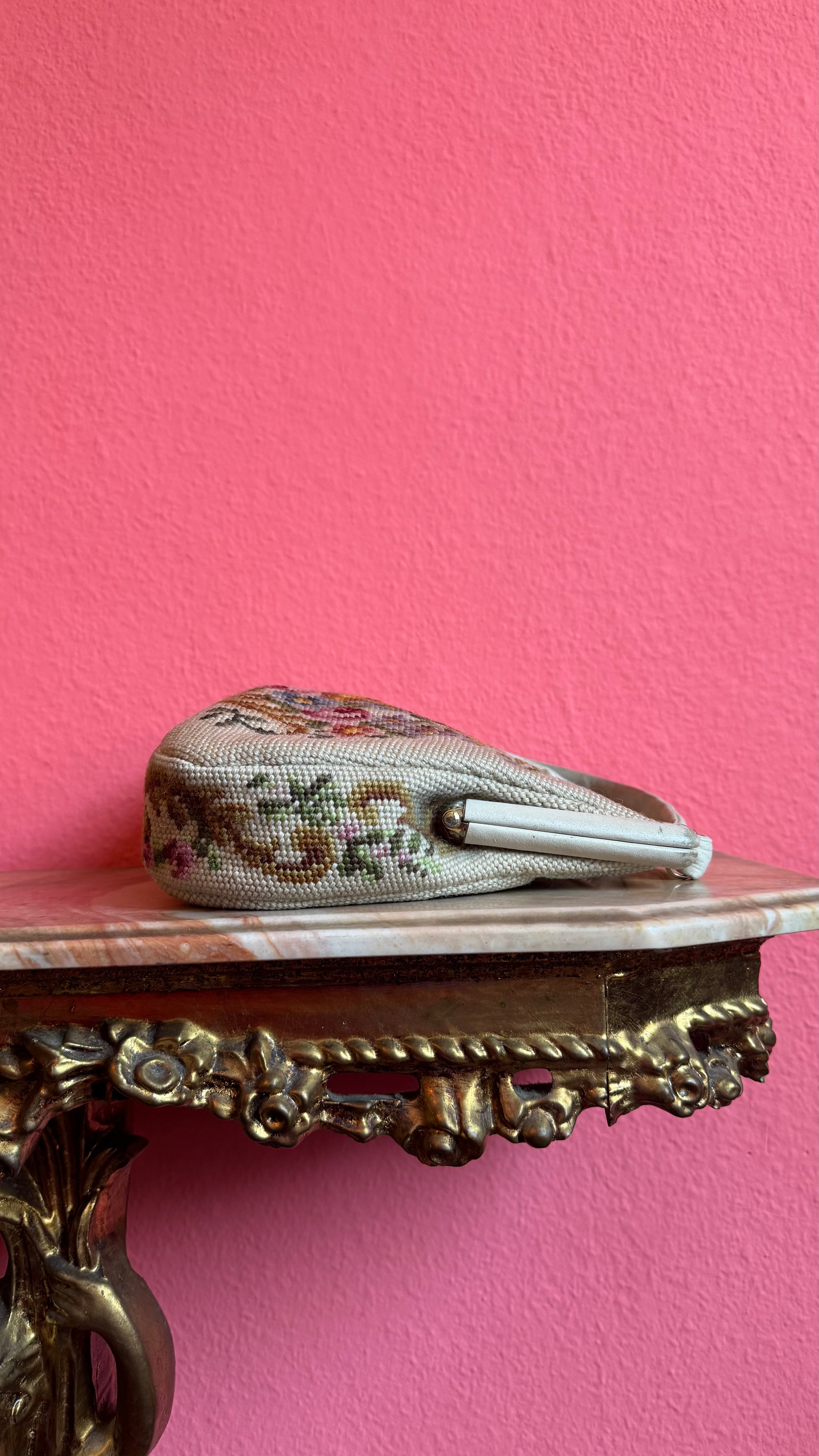 Vintage 1950s Ivory Wool Needlepoint Floral Handbag